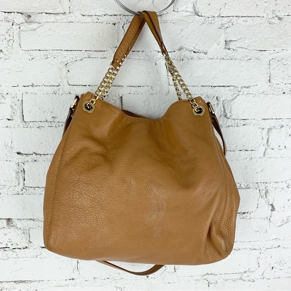 Michael Kors Gold Chain Jet Set Drawstring Tan Brown Leather Satchel Purse - Picture 5 of 12